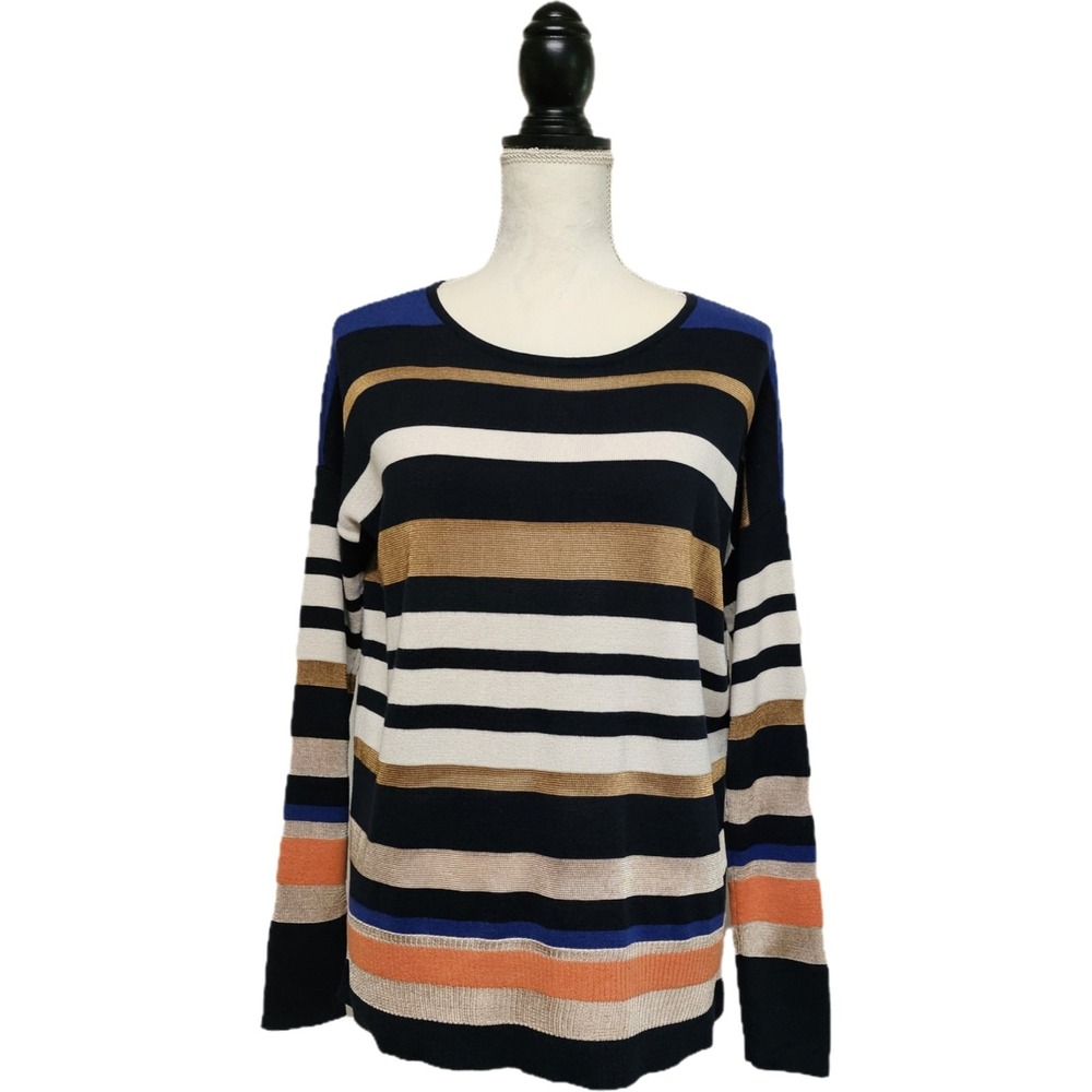 Chico's Navy & Gold Striped Long Sleeve Tight-Knit Sweater Size 0 (S) Nautical